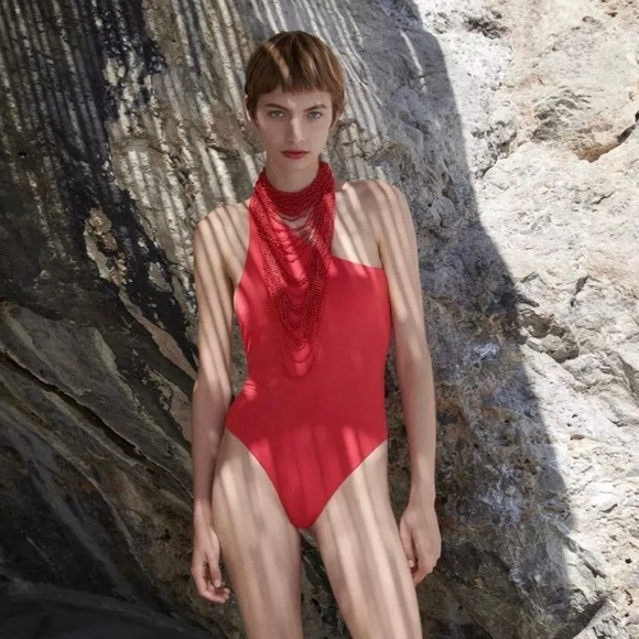 NWT Zara Coral Red Asymmetric One Piece Bathing Suit XL - Picture 1 of 5